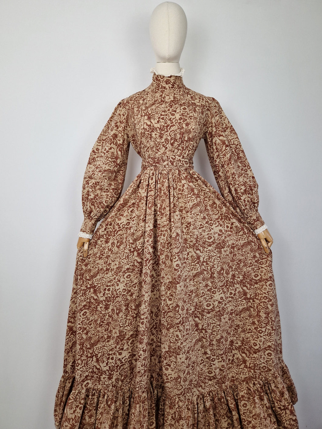 Vintage 70s Laura Ashley light brown prairie dress