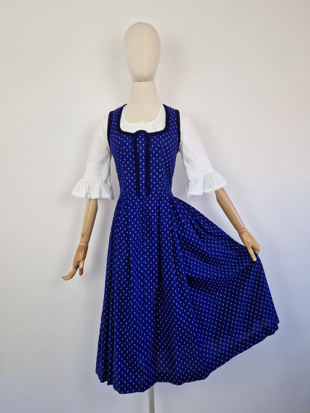 Vintage 70s navy dirndl milkmaid dress