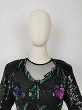 Load image into Gallery viewer, Vintage sequins silk floral blouse
