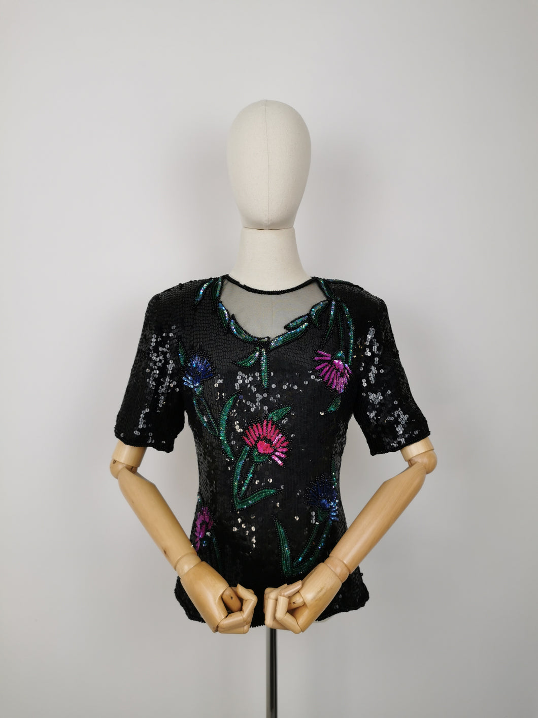 Vintage sequins silk floral blouse
