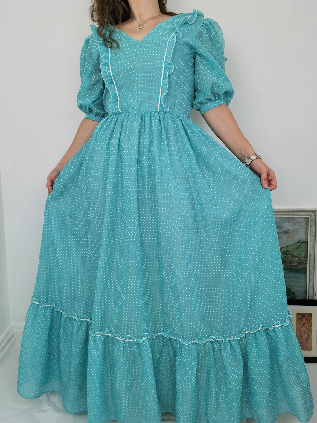 Vintage 70s mint polka dot prairie dress